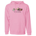 A pink pullover hoodie with a front kangaroo pocket and drawstring hood, featuring a cartoon graphic of four dogs running with the text 'let's run some dogs' printed on the chest.