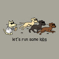 A cartoon graphic on a muted gray background showing four dogs running from left to right, all wearing sunglasses. One dog on the left is a light cream/beige dog dressed as a doctor with a stethoscope.
