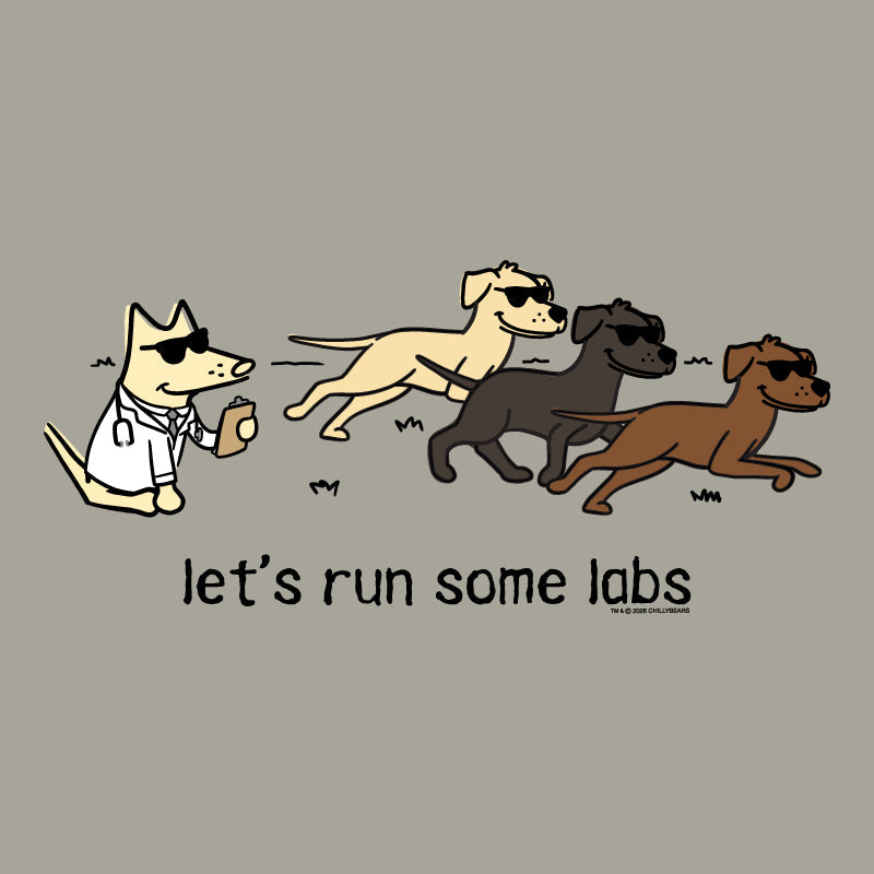 A cartoon graphic on a muted gray background showing four dogs running from left to right, all wearing sunglasses. One dog on the left is a light cream/beige dog dressed as a doctor with a stethoscope.
