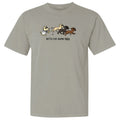 A light gray crewneck t-shirt featuring a cartoon graphic of a white cat chasing three dogs with the text 'let's run some labs' printed below.