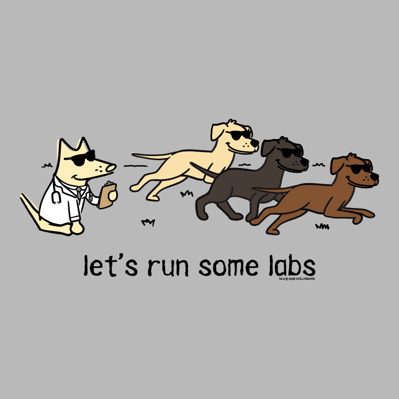 A cartoon graphic on a light gray background showing four dogs running from left to right, each wearing sunglasses. One dog on the left is a cat dressed as a lab coat, while the others are dogs.