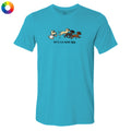 A bright turquoise blue short-sleeve t-shirt with a graphic of four dogs running and the text 'let's run some labs' printed on the chest, displayed on a clean white background.