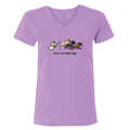 A light purple V-neck t-shirt featuring a cartoon graphic of a white cat chasing three running Labs, with the text 'let's run some labs' printed below.