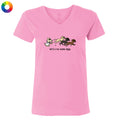 A pink women's V-neck t-shirt featuring a cartoon graphic of a white cat chasing three dogs with the text 'let's run some labs' underneath, displayed on a solid white background.