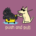 Cartoon dog pushing a fluffy dog in a cart with 'push and puli' text on a purple background.