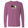 Purple long-sleeve shirt with cartoon design of a dog and a poodle, and text 'push and puff'.
