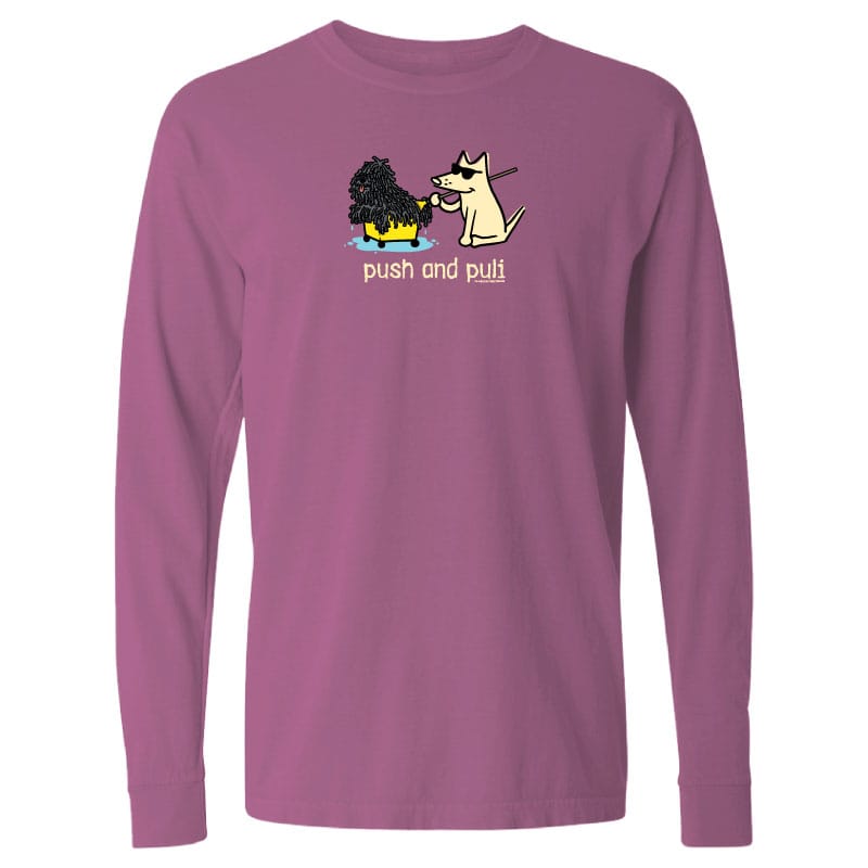 Purple long-sleeve shirt with cartoon design of a dog and a poodle, and text 'push and puff'.