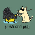 Cartoon dog pushing a fluffy dog in a yellow cart with 'push and puli' text on a green background.