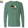 Green long-sleeve shirt with a graphic of a dog and a bee labeled 'push and pull' on a white background.