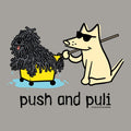 Cartoon dog pulling a fluffy dog in a yellow cart with 'push and puli' text on a gray background.