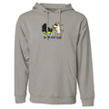 Gray hoodie with cartoon dog design and text on a white background