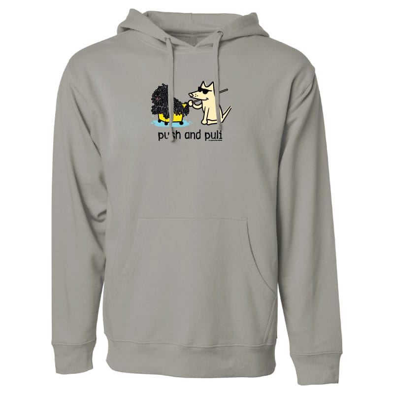 Gray hoodie with cartoon dog design and text on a white background