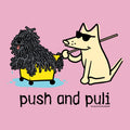Cartoon dog pushing a fluffy dog in a yellow cart with 'push and puli' text on a pink background.