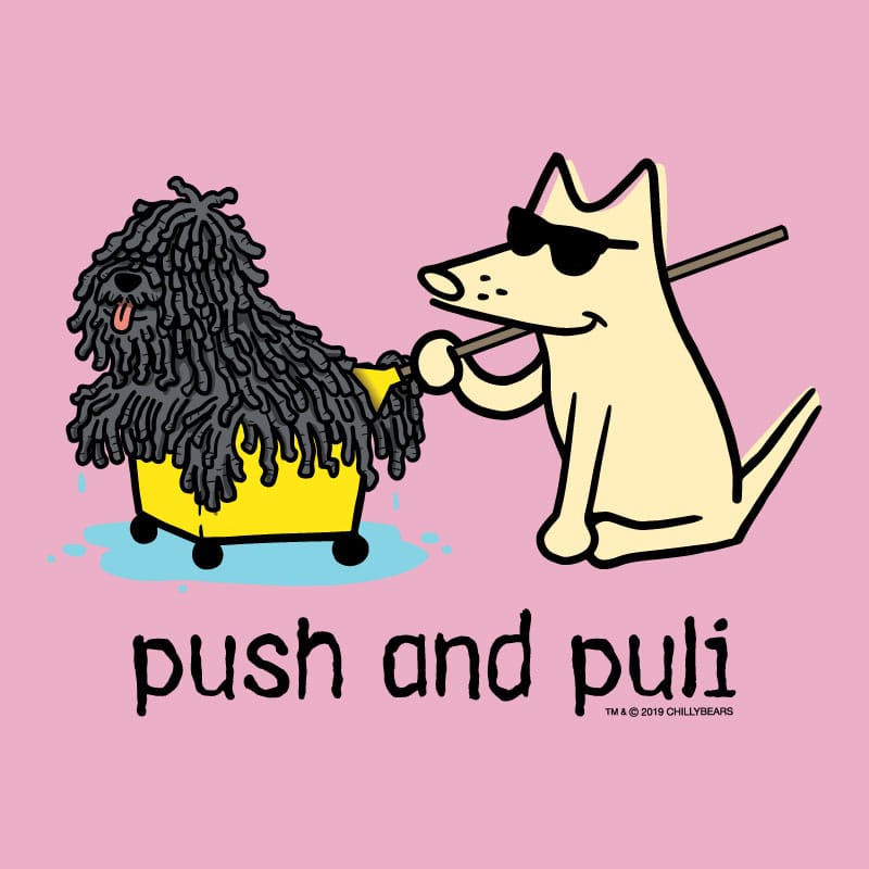 Cartoon dog pushing a fluffy dog in a yellow cart with 'push and puli' text on a pink background.