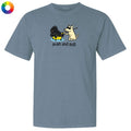 Blue t-shirt with cartoon dogs and text 'push and pull' on a white background