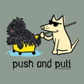 Cartoon dog pulling a fluffy dog in a cart with 'push and puli' text on a gray background.