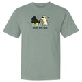 Green t-shirt with cartoon design of two dogs and text 'push and pull' on a white background