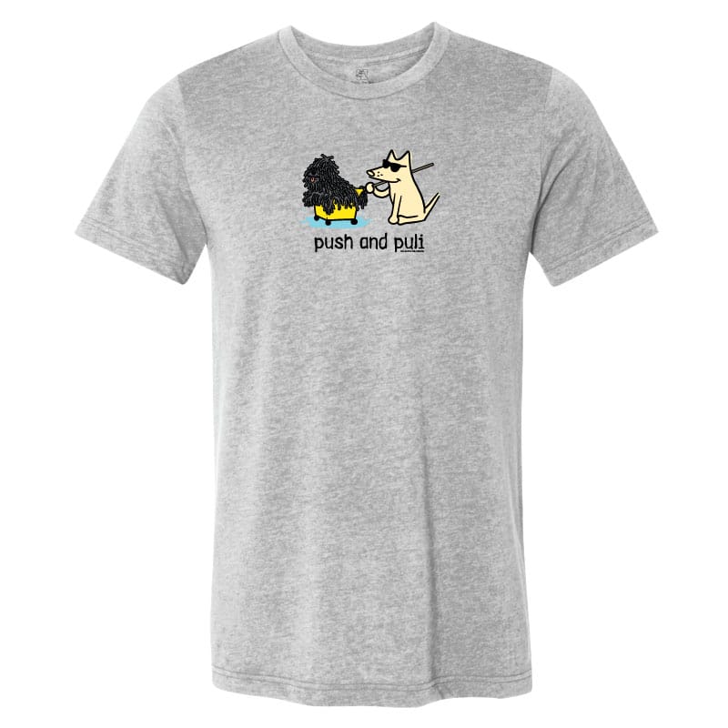 Gray t-shirt with cartoon dog and cat design and text 'Push and Pull' on a white background