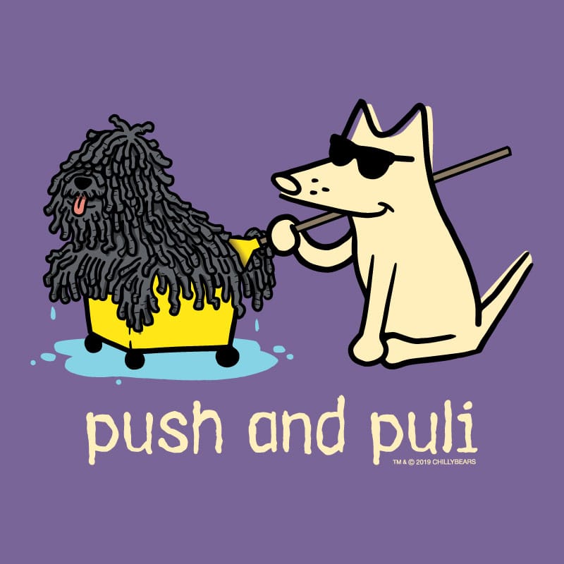 Cartoon dog pushing a fluffy dog in a cart with 'push and puli' text on a purple background.