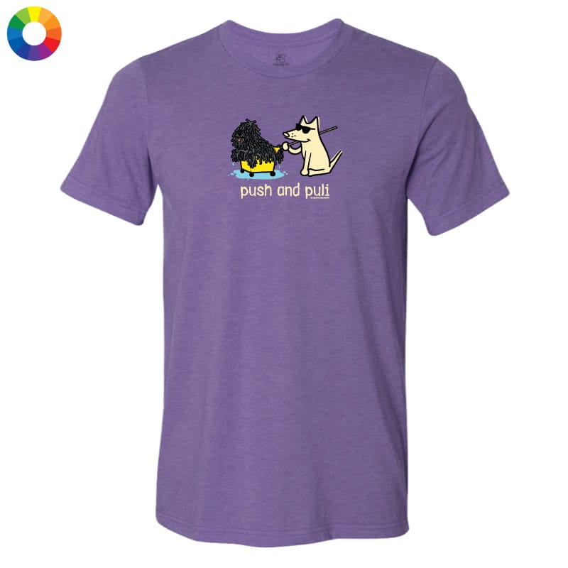 Purple t-shirt with cartoon characters and text 'push and pull' on a white background