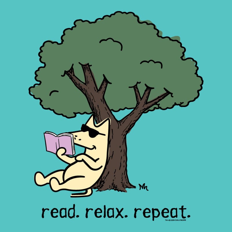 A cartoon illustration of a cream-colored cat sitting under a large green tree and reading a pink book, with the text 'read. relax.