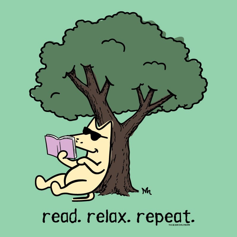 A cartoon illustration of a cream-colored cat lounging under a large green tree and reading a pink book, with the text 'read. relax.
