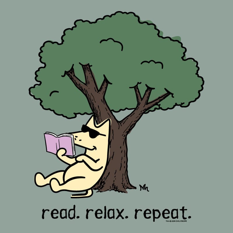 A cartoon illustration of a cream-colored cat wearing black sunglasses and reading a pink book under a large green tree. The text 'read.