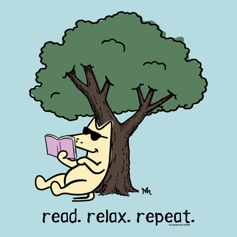 A cartoon illustration of a cream-colored cat lounging under a large green tree and reading a pink book, with the text 'read. relax.