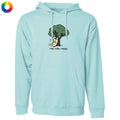 A light blue pullover hoodie with a front graphic of a cartoon dog sitting under a tree and the text 'read, relax, repeat.' on the chest, shown on a plain white background.