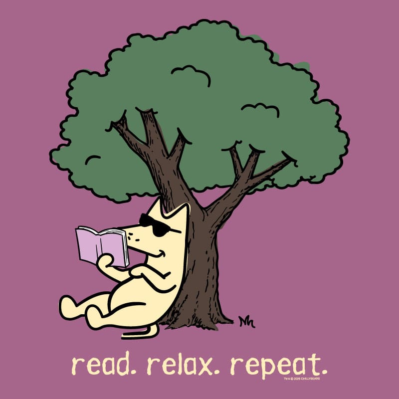 A stylized illustration of a cream-colored cat lounging under a large green tree and reading a pink book, with the text 'read. relax.