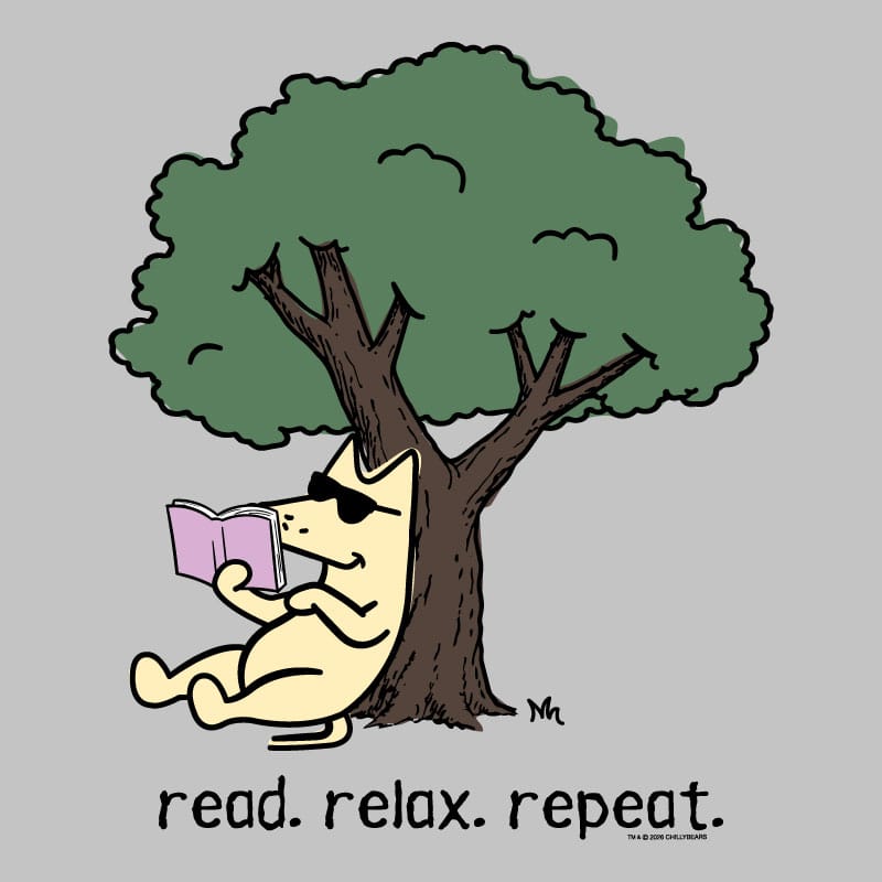 A cartoon illustration of a cream-colored cat wearing black sunglasses and reading a pink book under a large green tree. Below the illustration, the text reads 'read.
