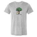 A heather gray short-sleeve crewneck t-shirt featuring a cartoon graphic of a yellow cat sitting under a green tree with the text 'read relax repeat.' printed below it.