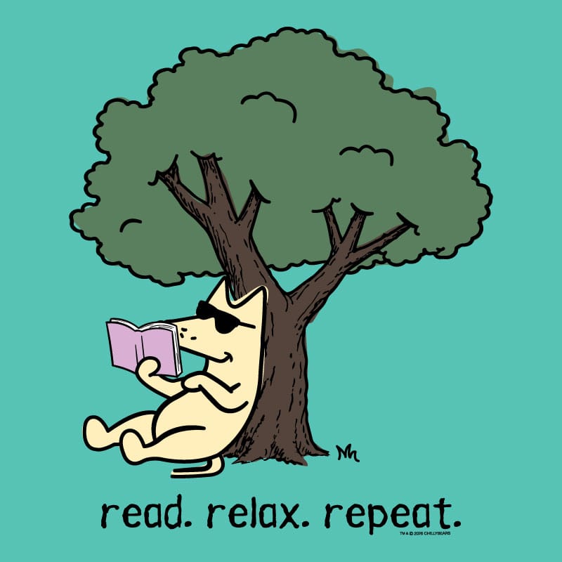 A cartoon illustration of a cream-colored cat sitting under a large green tree and reading a pink book, with the text 'read. relax.