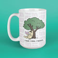 A white ceramic mug with a cartoon illustration of a dog reading under a tree, with the text 'read. relax.