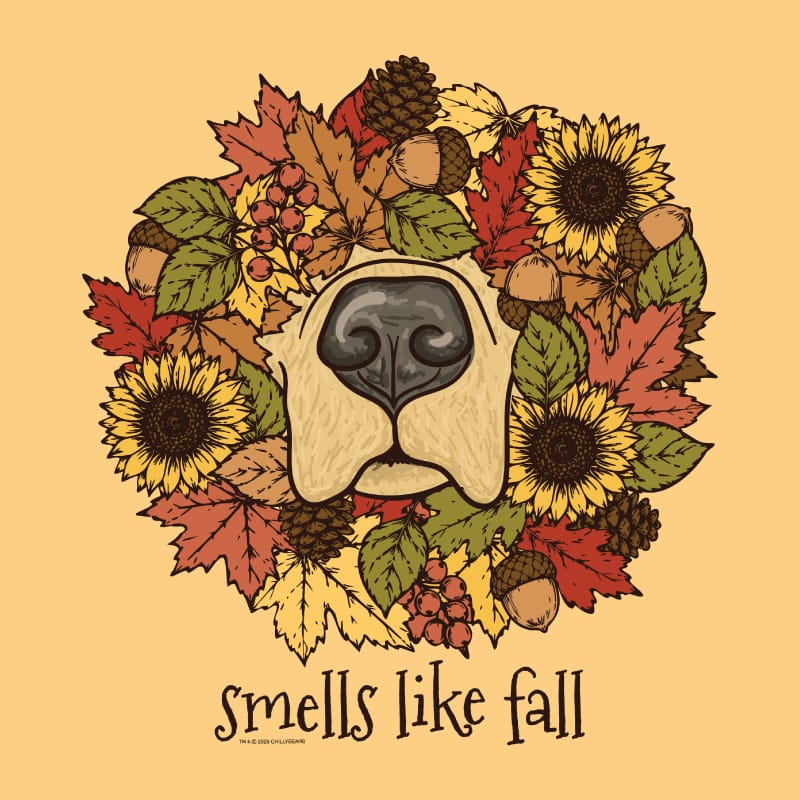 A circular autumn wreath illustration featuring sunflowers, pinecones, acorns, leaves, and berries around a stylized dog face, with the text 'smells like fall' below on a warm beige background.