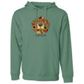 A sage green pullover hoodie with a front kangaroo pocket and drawstring hood, featuring a graphic of a dog's face surrounded by autumn leaves and sunflowers with the text 'dogs like fall' printed on the chest.