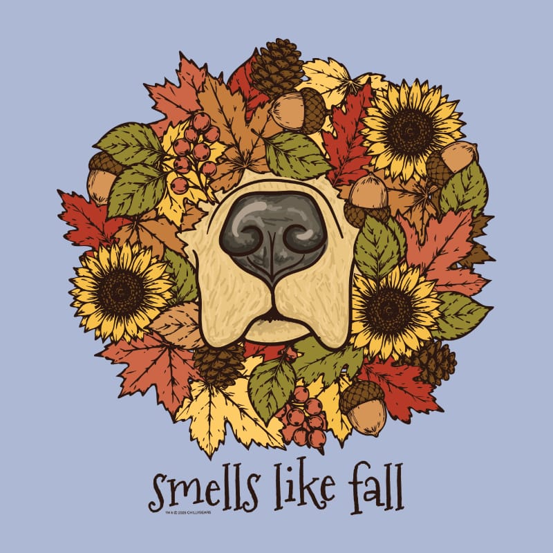 A circular autumn wreath illustration featuring a dog nose at the center, surrounded by sunflowers, maple leaves, acorns, pinecones, and berries, with the text 'smells like fall' below on a light blue background.