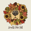 An autumn-themed illustration featuring a dog's snout surrounded by sunflowers, maple leaves, acorns, pinecones, and berries, with the text 'smells like fall' below on a light beige background.