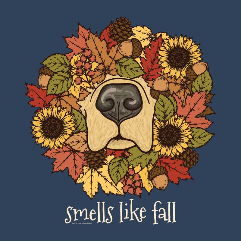 A square graphic print featuring a stylized illustration of a dog's snout surrounded by autumn leaves, sunflowers, acorns, and pinecones, with the text 'smells like fall' below on a dark blue background.