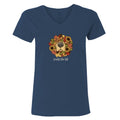 A navy blue women's V-neck t-shirt featuring a central graphic of a dog's face surrounded by autumn sunflowers and leaves, with the text 'smells like fall' printed below.