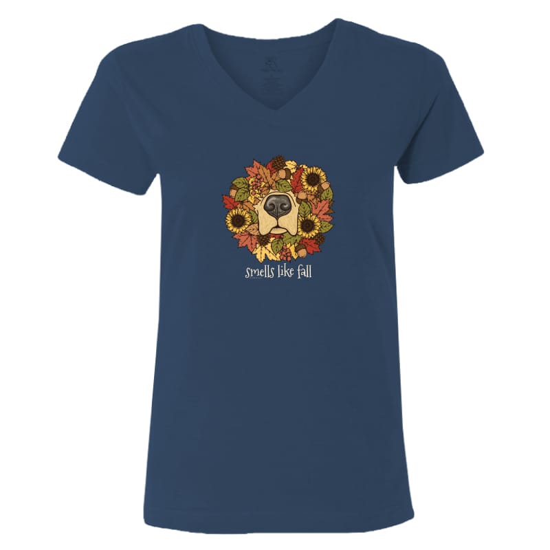 A navy blue women's V-neck t-shirt featuring a central graphic of a dog's face surrounded by autumn sunflowers and leaves, with the text 'smells like fall' printed below.