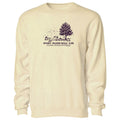 A cream-colored crewneck sweatshirt with a dark purple graphic on the chest depicting a tree, a cat, a dog, and the text 'SPOOKY SEASON SOCIAL CLUB' and 'DALAM, MASSACHUSETTS'.