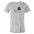 A heather gray short-sleeve crewneck t-shirt featuring a dark purple graphic print on the chest of a tree, a motorcycle, and the text 'SPORT READING SOCIAL CLUB PALM, MASSACHUSETTS'.