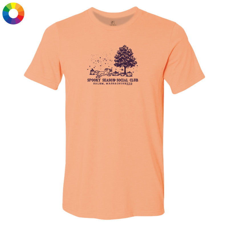 A peach-colored short-sleeve t-shirt with a dark graphic on the chest depicting a tree, a baseball, and the text 'SPOON SHOOT SOCIAL CLUB' and 'BOSTON, MASSACHUSETTS'. A small multicolor color wheel icon is visible in the top-left corner.