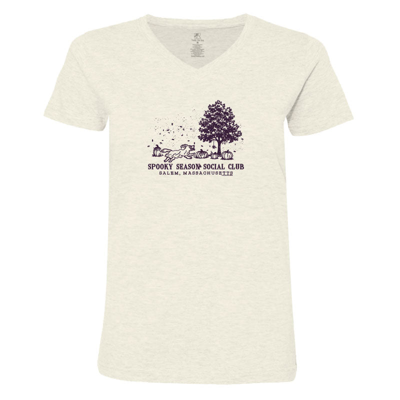 An off-white heathered V-neck t-shirt featuring a dark purple graphic of a tree and the text 'SPORTS SEASON SOCIAL CLUB' and 'RALEM, MASSACHUSETTS'.