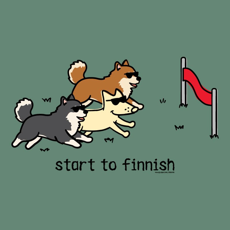 Three cartoon dogs running towards a finish line with text 'start to finnish' on a green background.