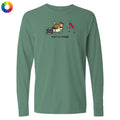 Green long-sleeve shirt with cartoon dogs and text on a white background