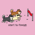 Three cartoon dogs running towards a finish line with 'start to finnish' text on a pink background.
