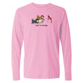 Pink long-sleeve shirt with a graphic of two dogs and text on a white background