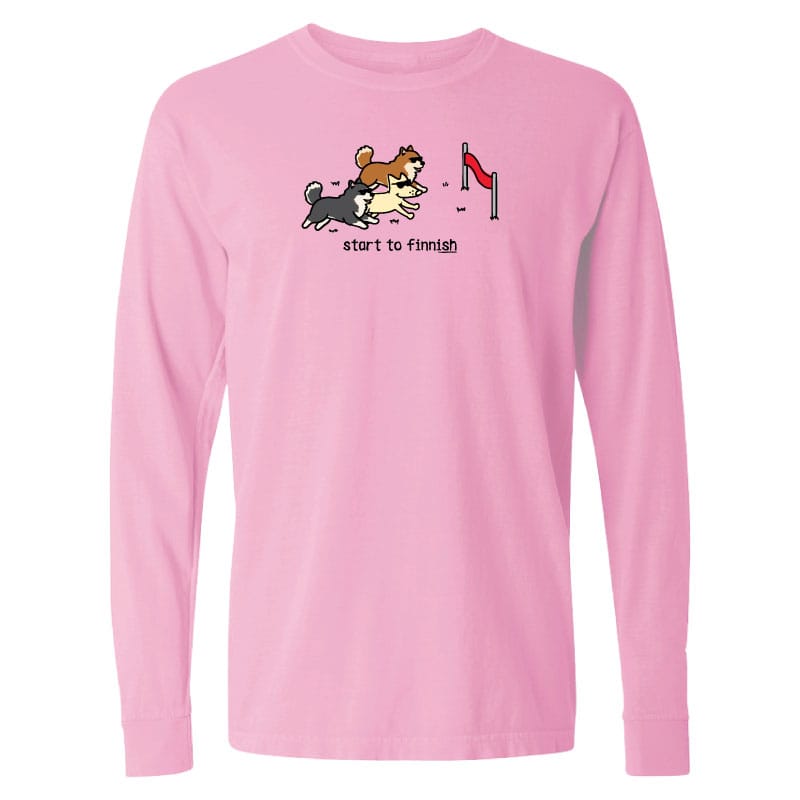 Pink long-sleeve shirt with a graphic of two dogs and text on a white background